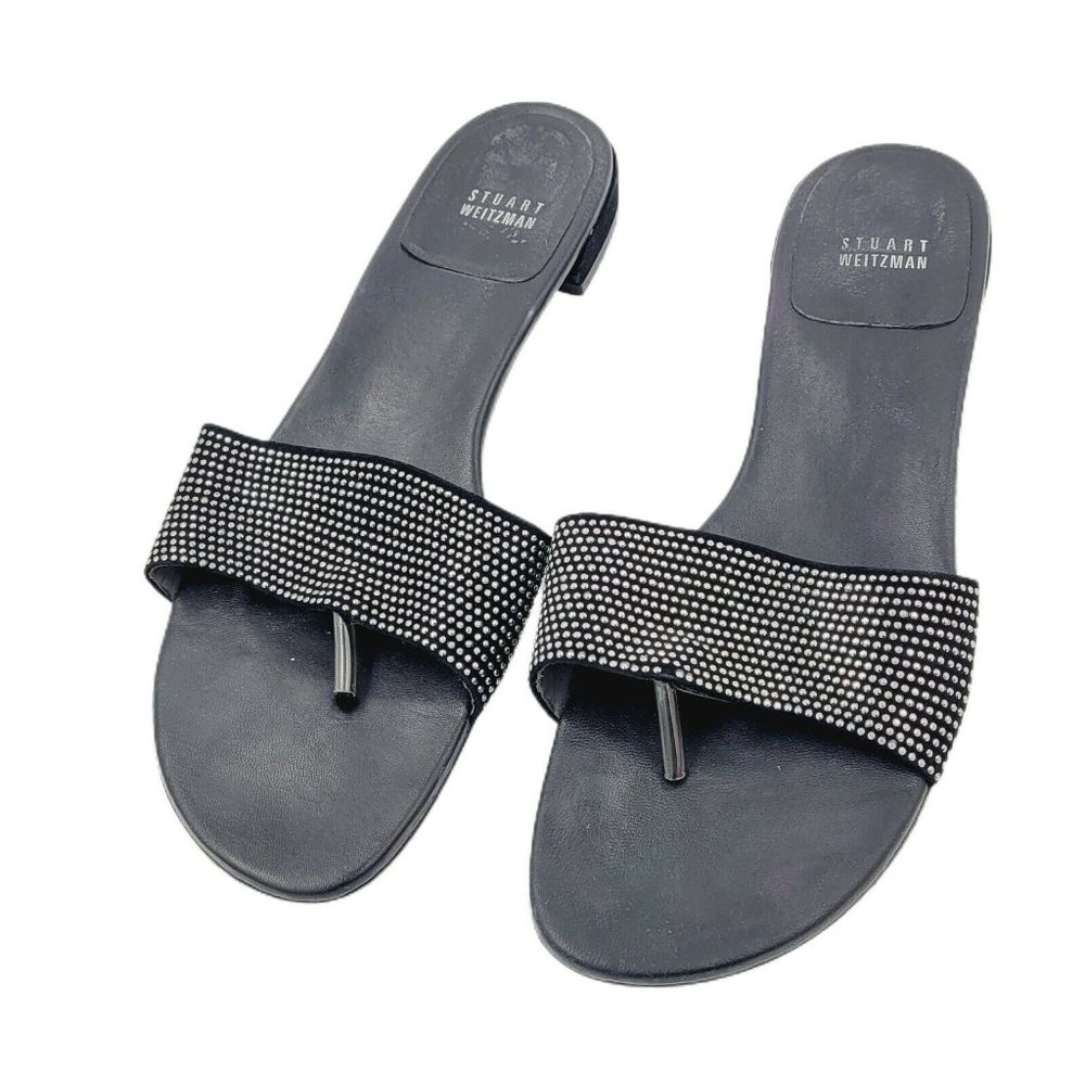 Stuart Weitzman Black Leather Rhinestone Thong Sandals Size 11M